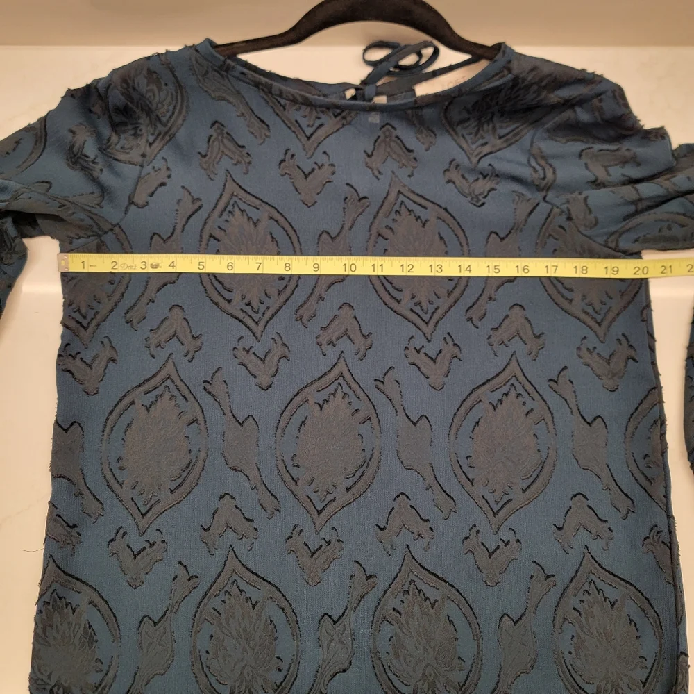 ANN TAYLOR LOFT Teal Blue Patterned Balloon Longsleeve Shirt Medium Petites - Picture 8 of 9